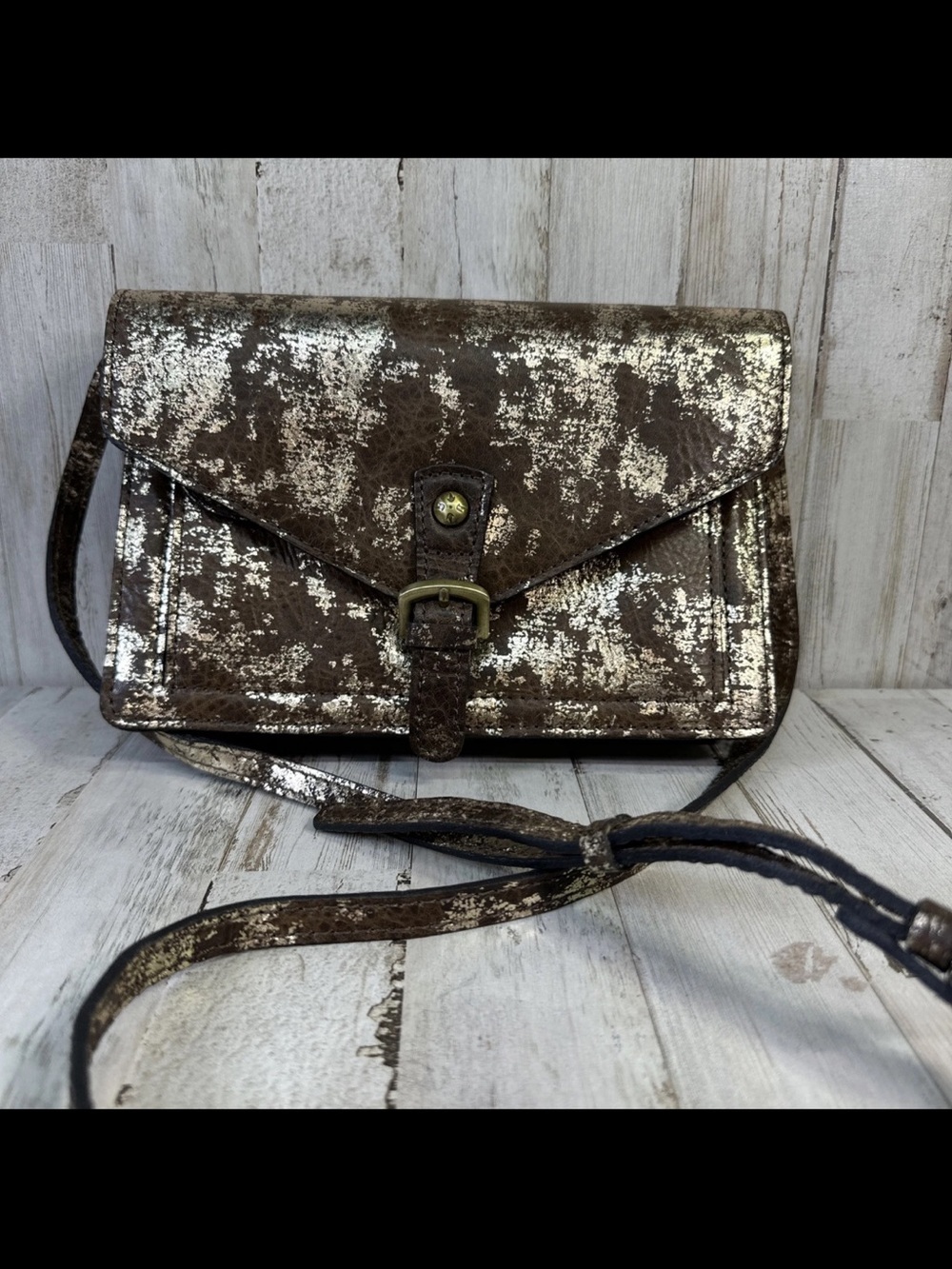 Metallic Brown Patricia Nash Avellino Leather Crossbody Bag with Buckle